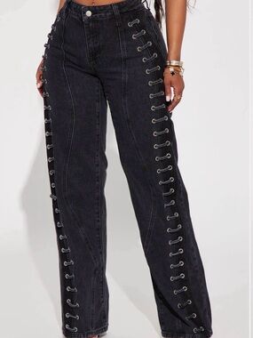 Fashion Nova Black High-Rise Lace-Up Side Jeans